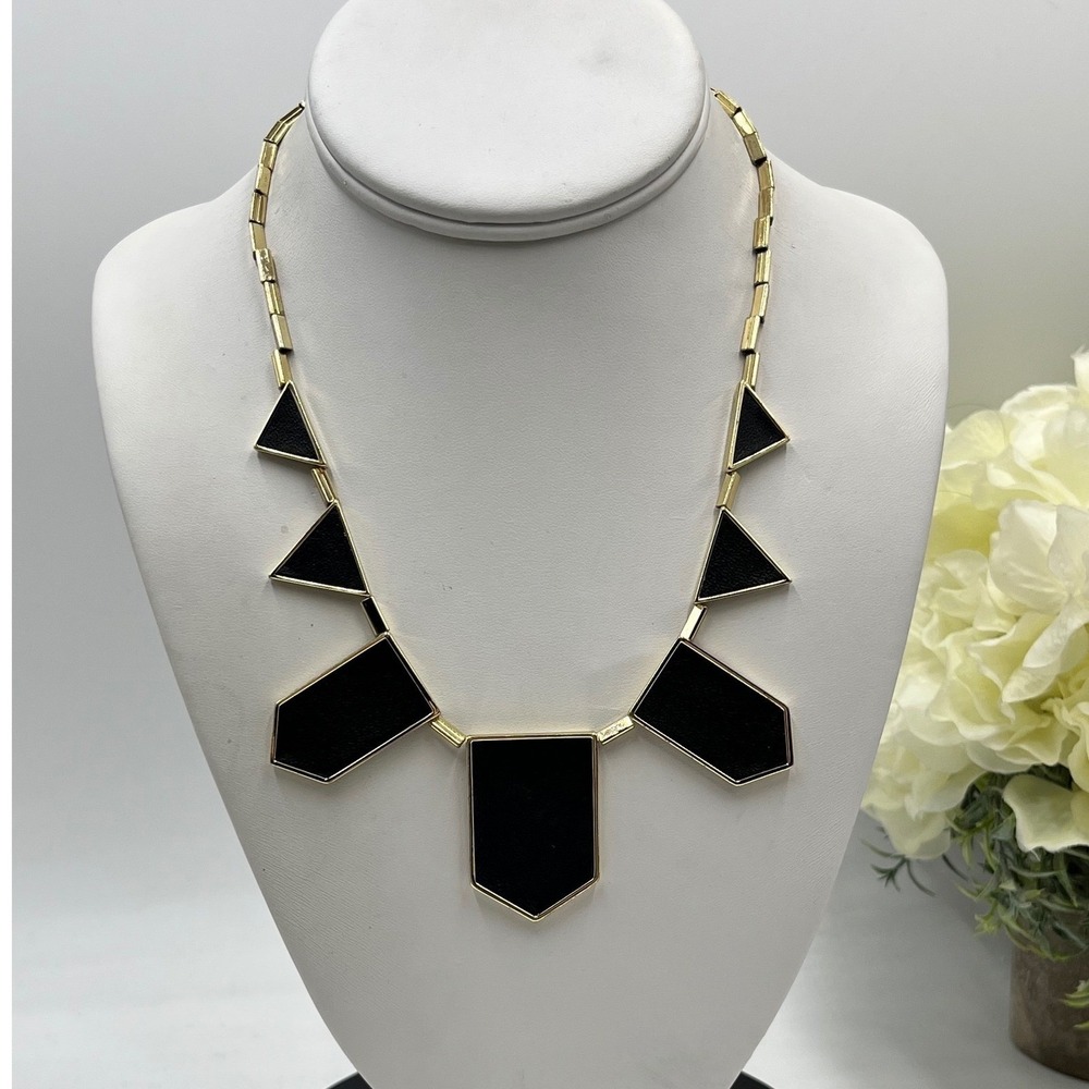 HOUSE of HARLOW 1960 Black Leather Geometric collar Gold Tone Fashion Necklace